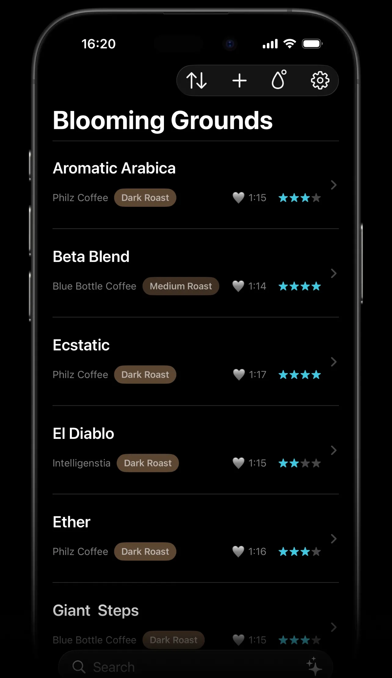 Blooming Gounds app running on iPhone 17 Pro in dark mode